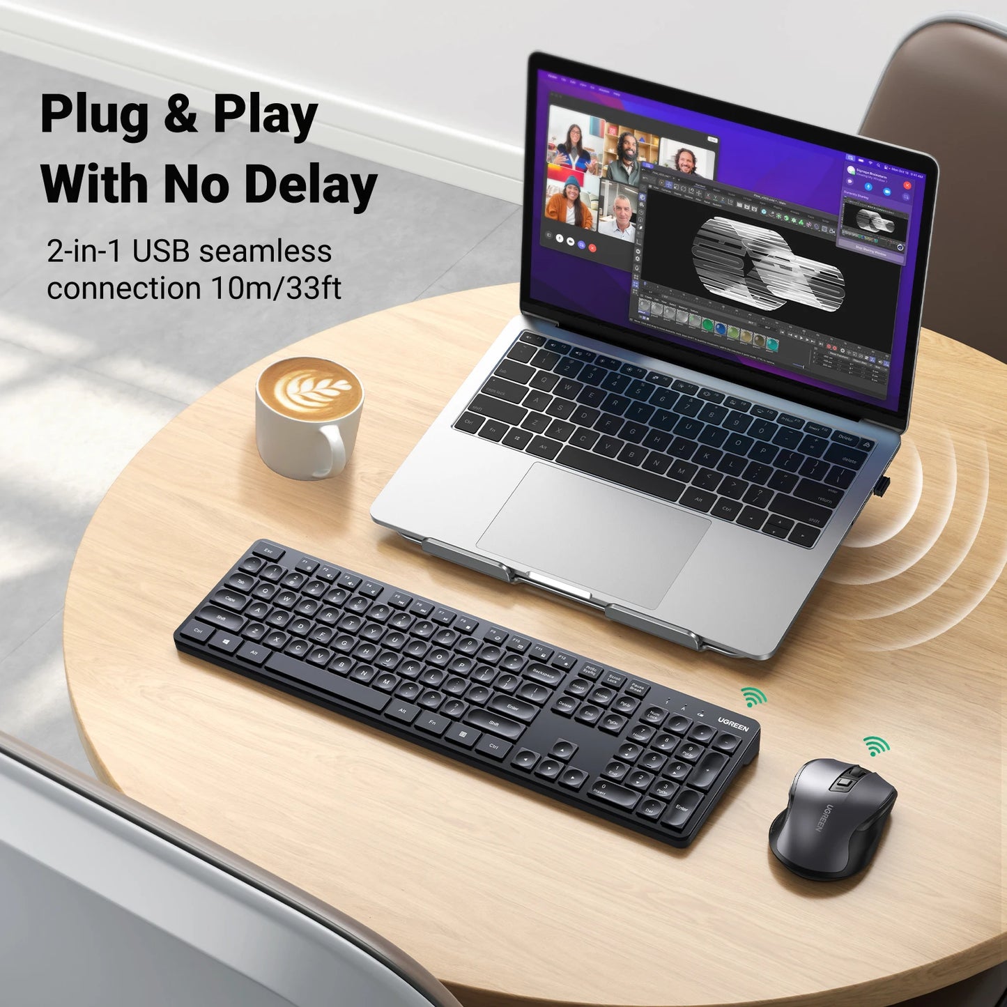 UGREEN Keyboard Mouse Wireless 2.4G 4000DPI Ergonomic Mice 104 Keys for Computer Laptop PC English US Arabic Keycaps Layout