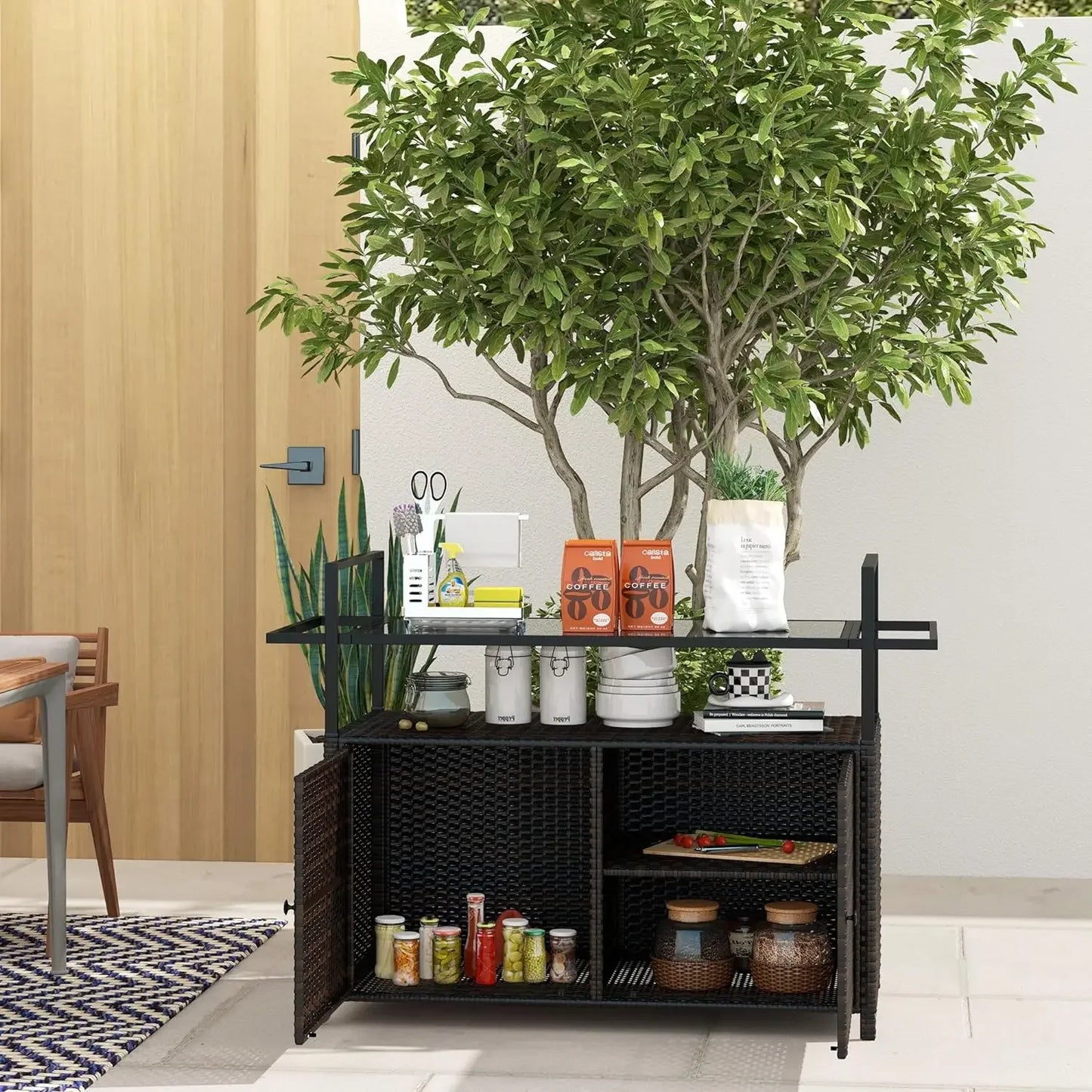 PE Rattan Outdoor Bar Table, Outdoor Kitchen Island w/2-Tier Shelf&Cabinet, Patio Serving Cart w/Glass Top, Handles, Towel Racks