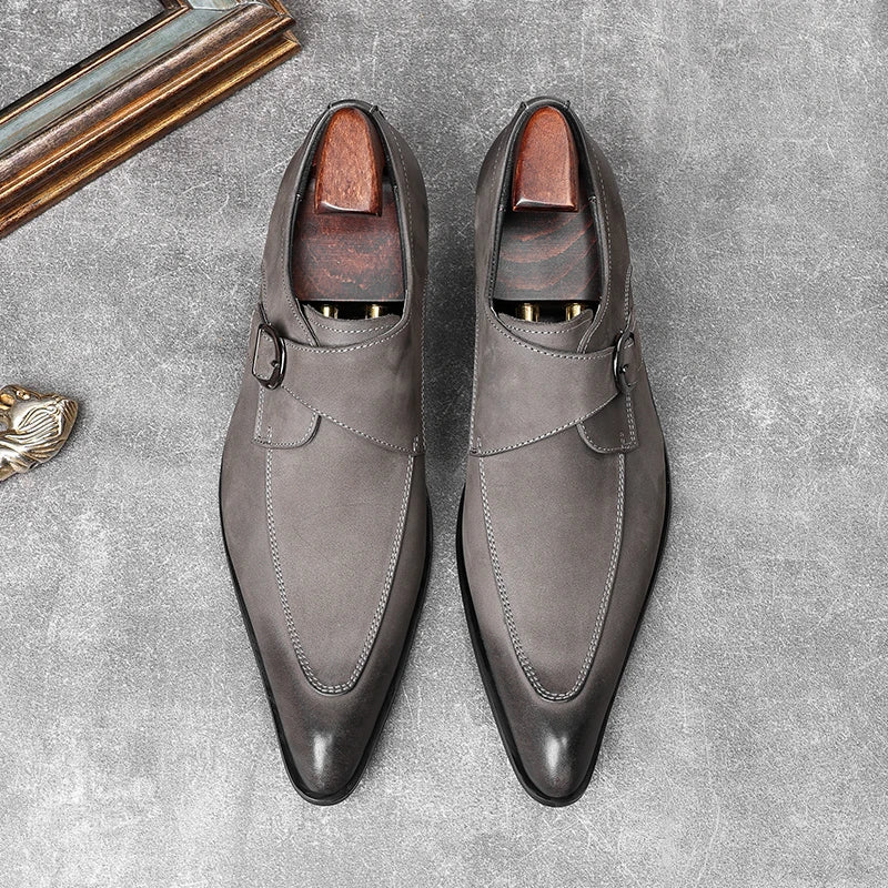 HKDQ Italian Slip On Men Dress Shoes Wedding Genuine Leather Men Oxford Shoes Monk Strap Black Grey Men Formal Loafers Men Suede