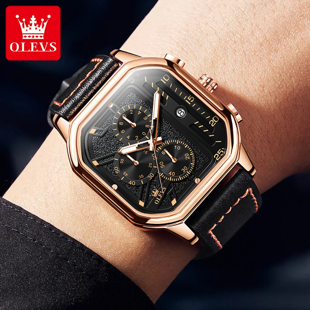 OLEVS New Quartz Watch for Men Chronograph Clock Waterproof Luminous Leather Strap Men's Wristwatch 42mm Dial Man Dress Watches