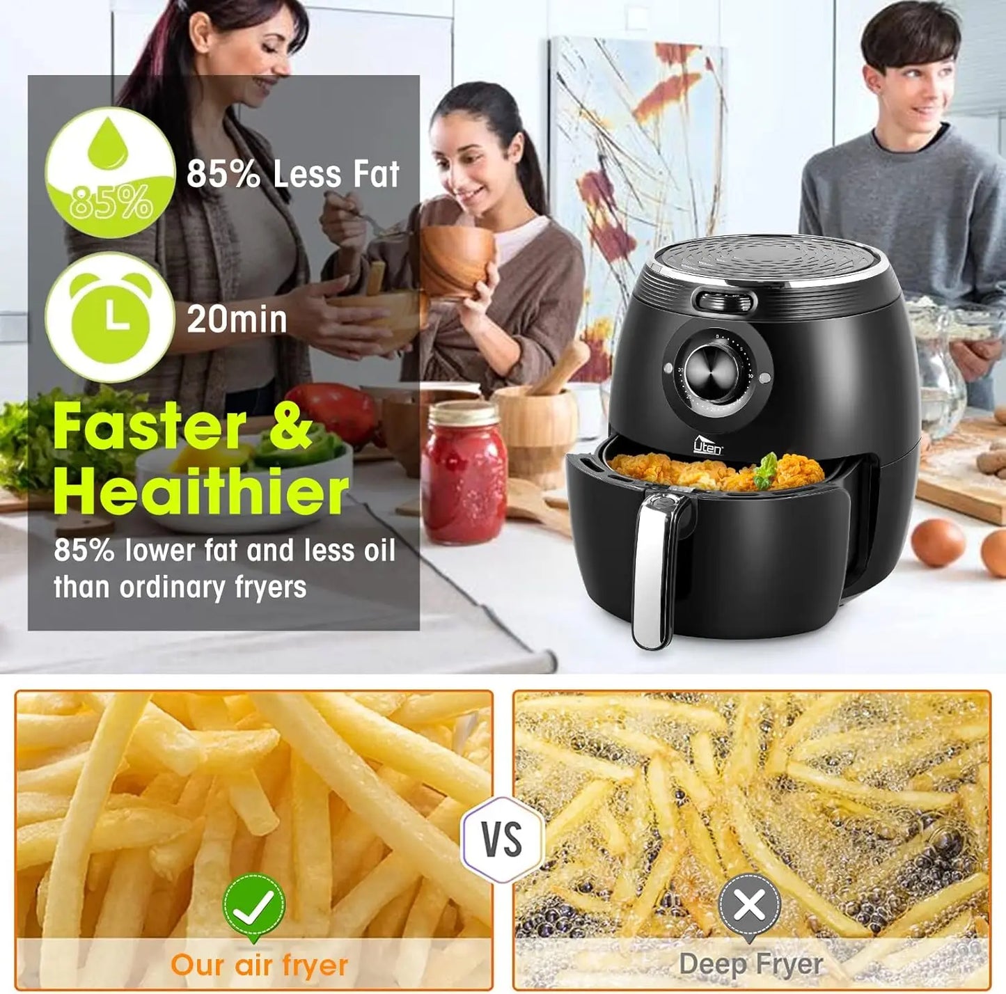 Air Fryer 5.8QT/5.5L 1700W High-Power Electric Hot Temperature Control & Timer Knob Non Stick Fry Basket Dishwasher Safe