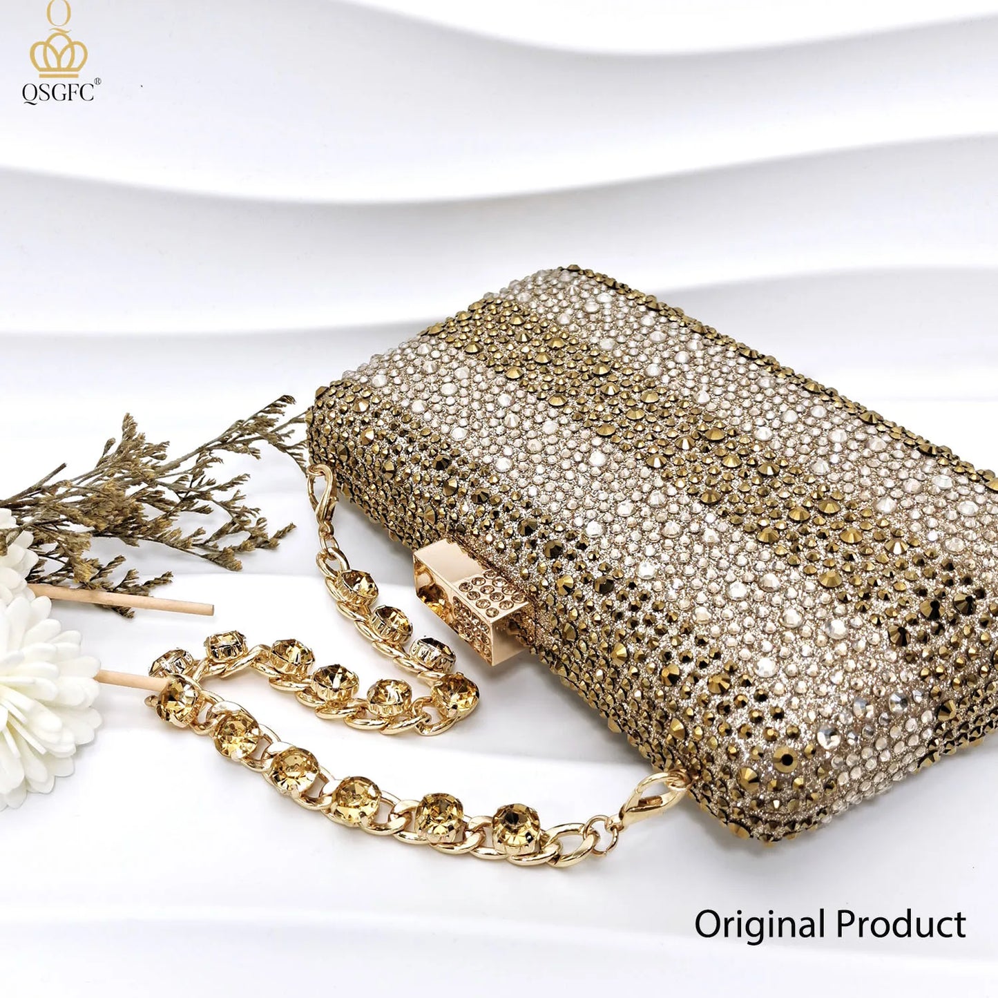 QSGFC INS 2024 Gold Color Elegant Women Heels Shoes and Bag Set Hollow Rhinestones High Heels Wedges Shoes Matching Bag