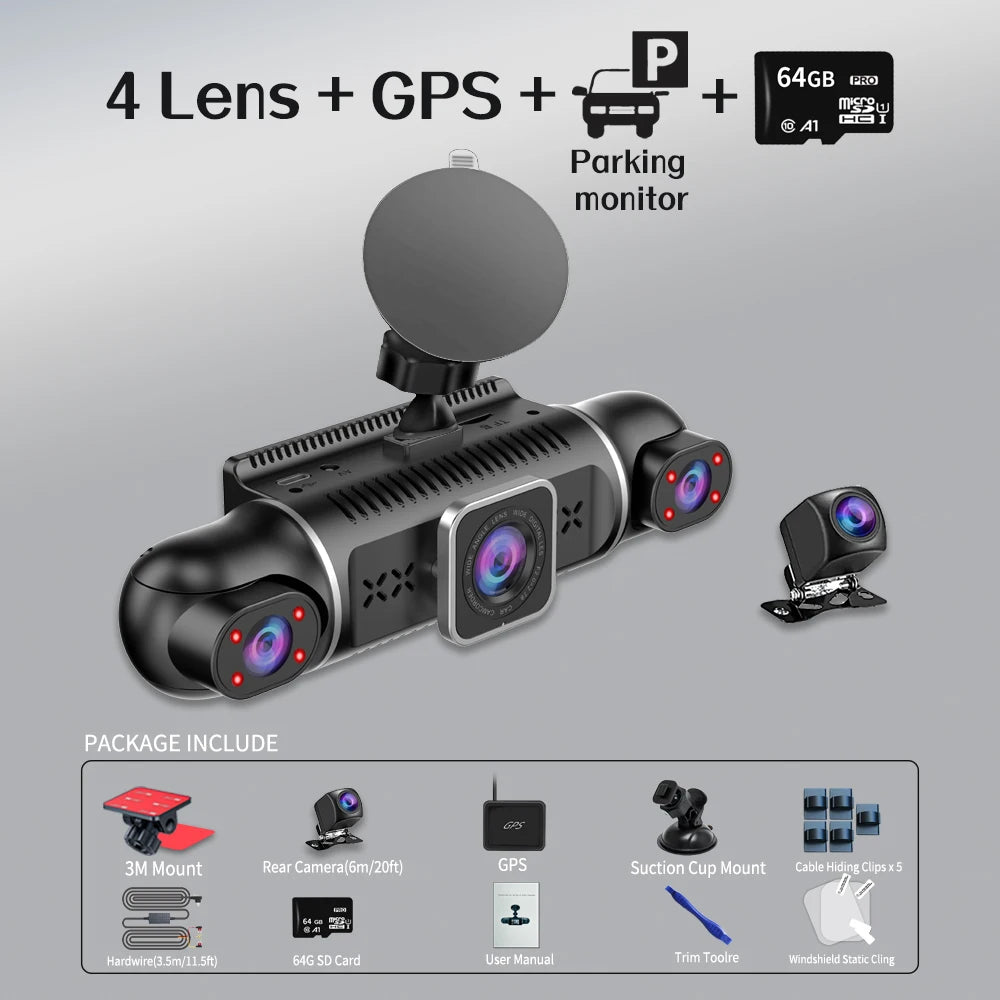 Car DVR Dash Cam WiFi GPS 24H Parking Monitoring Free 64G+Rear Camera 360-Degree Driving Recorder APP Control Installation Tool