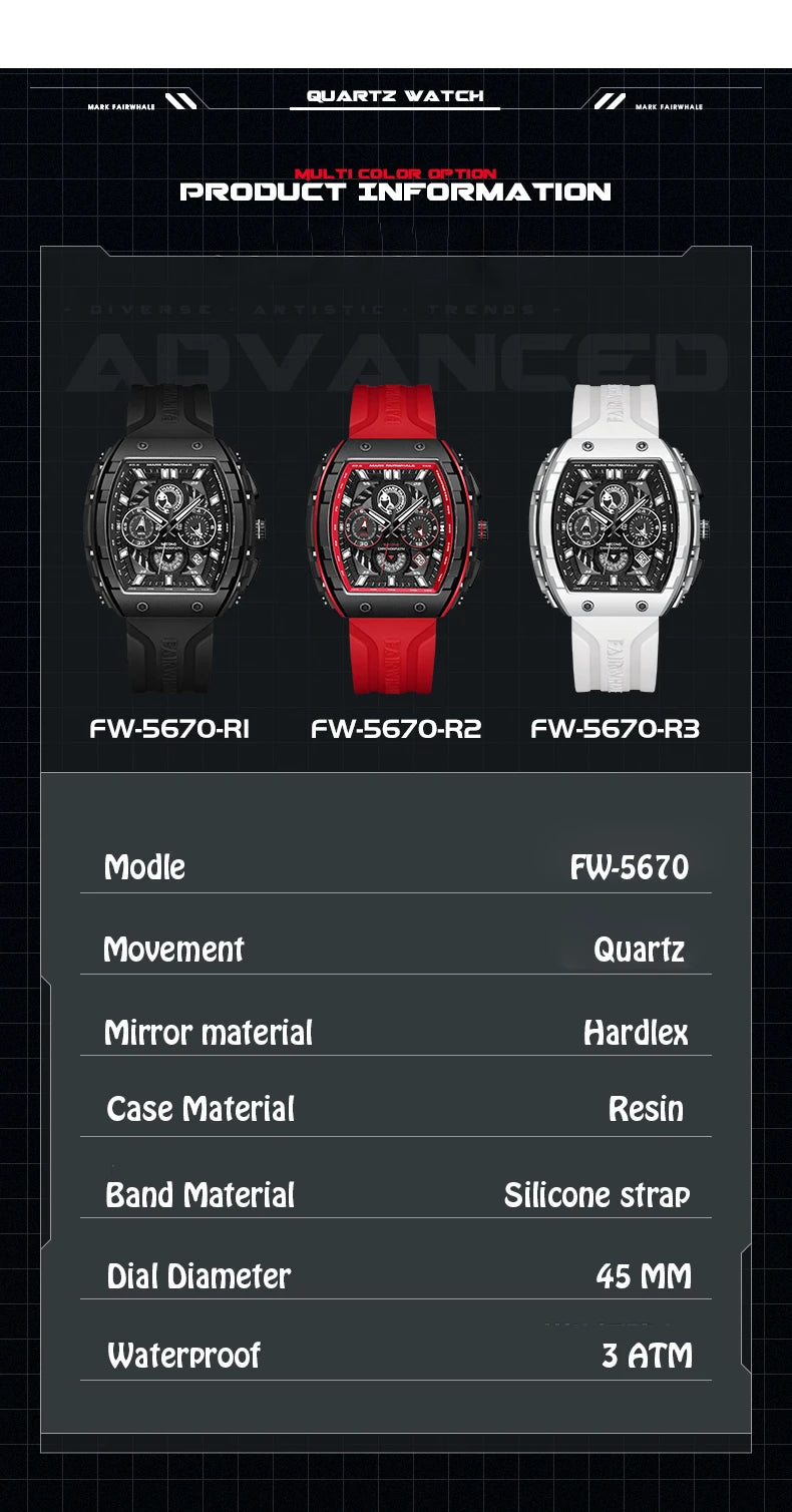 Luxury Watch Mens Fashion Brand Mark Fairwhale Sports Silicone Strap Clock Tonneau Chronograph Quartz Wristwatch Boy Dropshiping