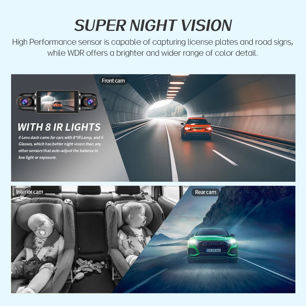 Car DVR Dash Cam WiFi GPS 24H Parking Monitoring Free 64G+Rear Camera 360-Degree Driving Recorder APP Control Installation Tool