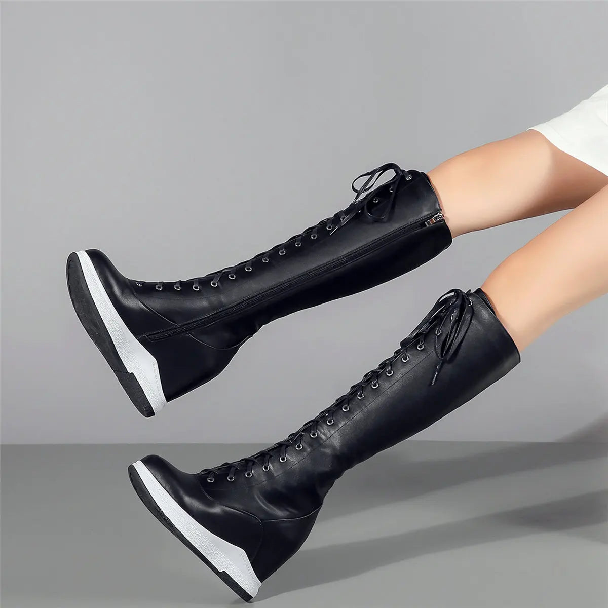 Winter Shoe Plus Size Shoes Women Genuine Leather Wedges High Heel Knee High Boots Female Round Toe Platform Pumps Big Size Shoe