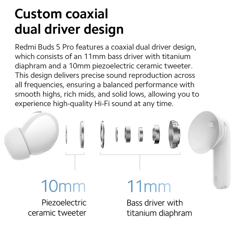 Global Version Xiaomi Redmi Buds 5 Pro Life IP54 Dust Water Resistant Earbuds 52dB Noise Cancelling Bluetooth TWS Earphone