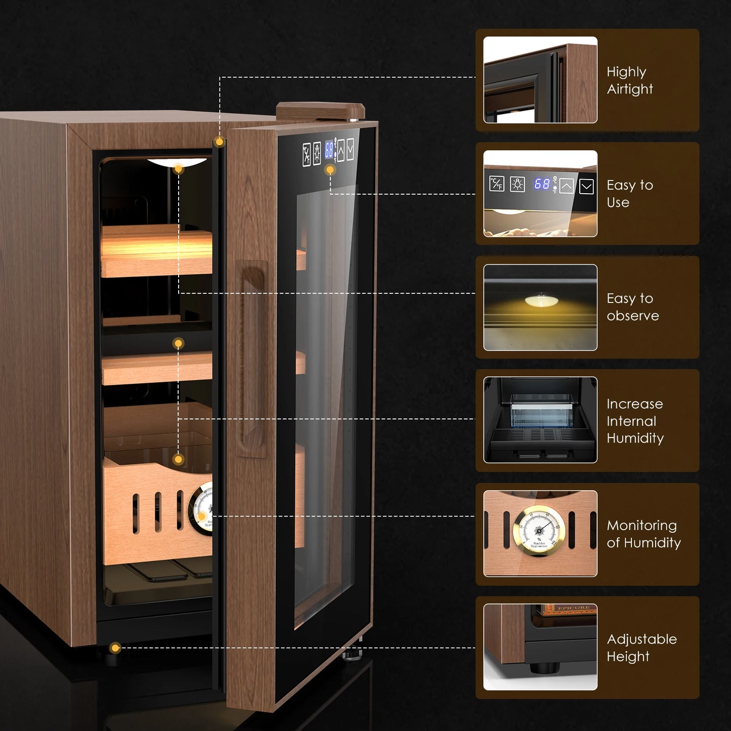 26L Thermostatic Electric Humidor 200 Counts Wooden Large Cigar Humidor Cooling and Heating Temperature Control Cigar Fridges