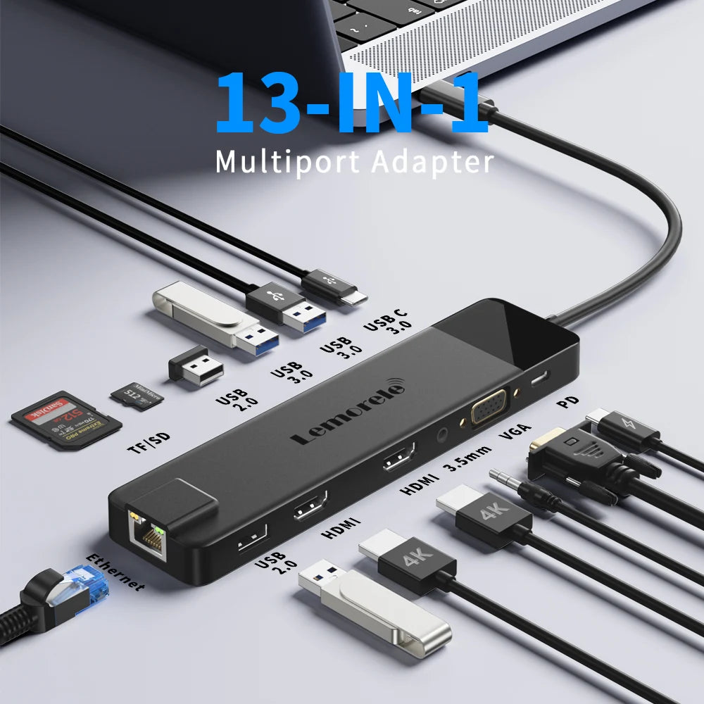 Lemorele USB-C Hub 13-in-1 Gigabit Docking Station VGA USB Type C Hub 4K30Hz HDMI-compatible USB 3.0 Adapter RJ45 PD100W