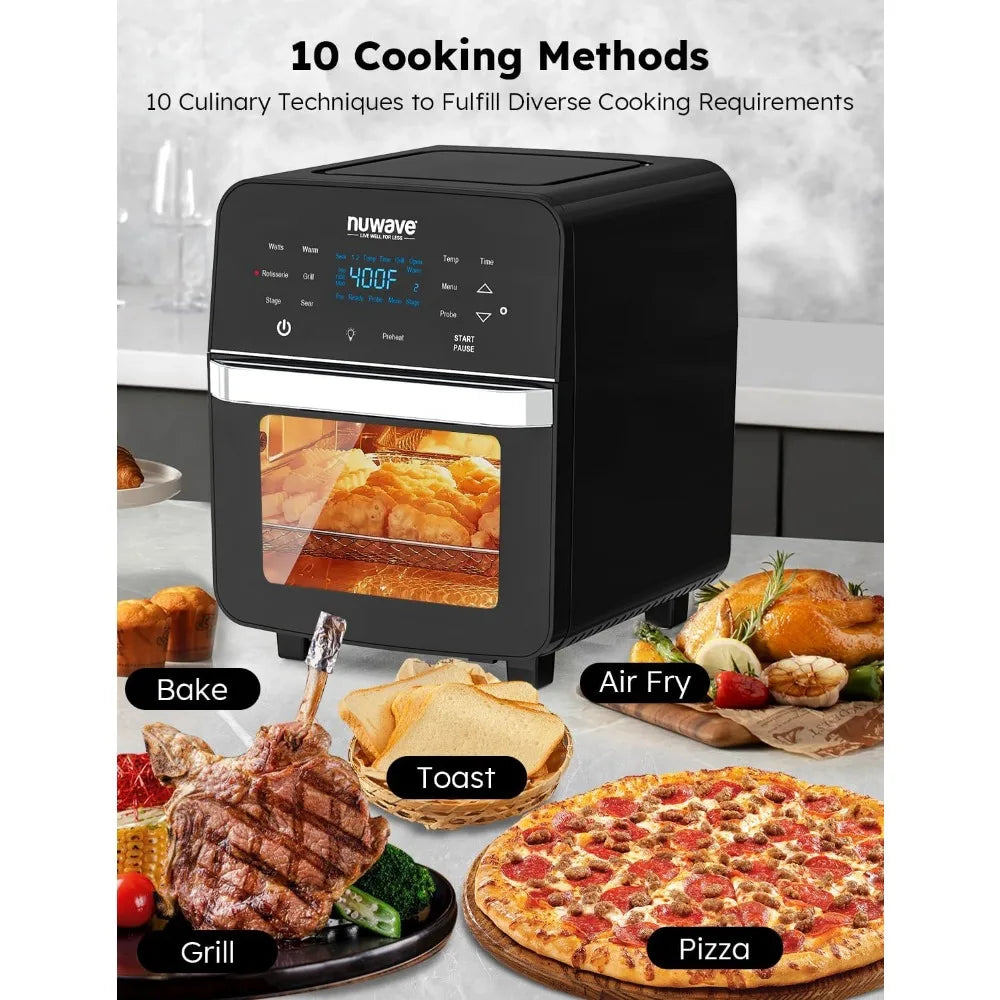 Brio Air Fryer Oven, 15.5Qt X-Large Family Size, SS Rotisserie Basket &Skewer-Kit, Reversible Ultra Non-Stick Grill/Griddle