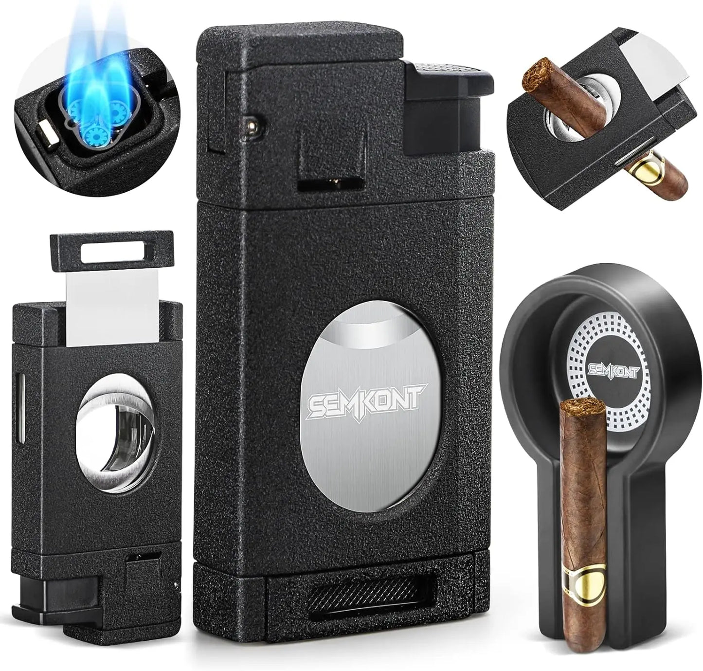 Cigar Lighter Triple Jet Flame Cigar Cutter Windproof Butane Refillable Torch Lighters 2 in 1 Multifunctional Ashtray Set