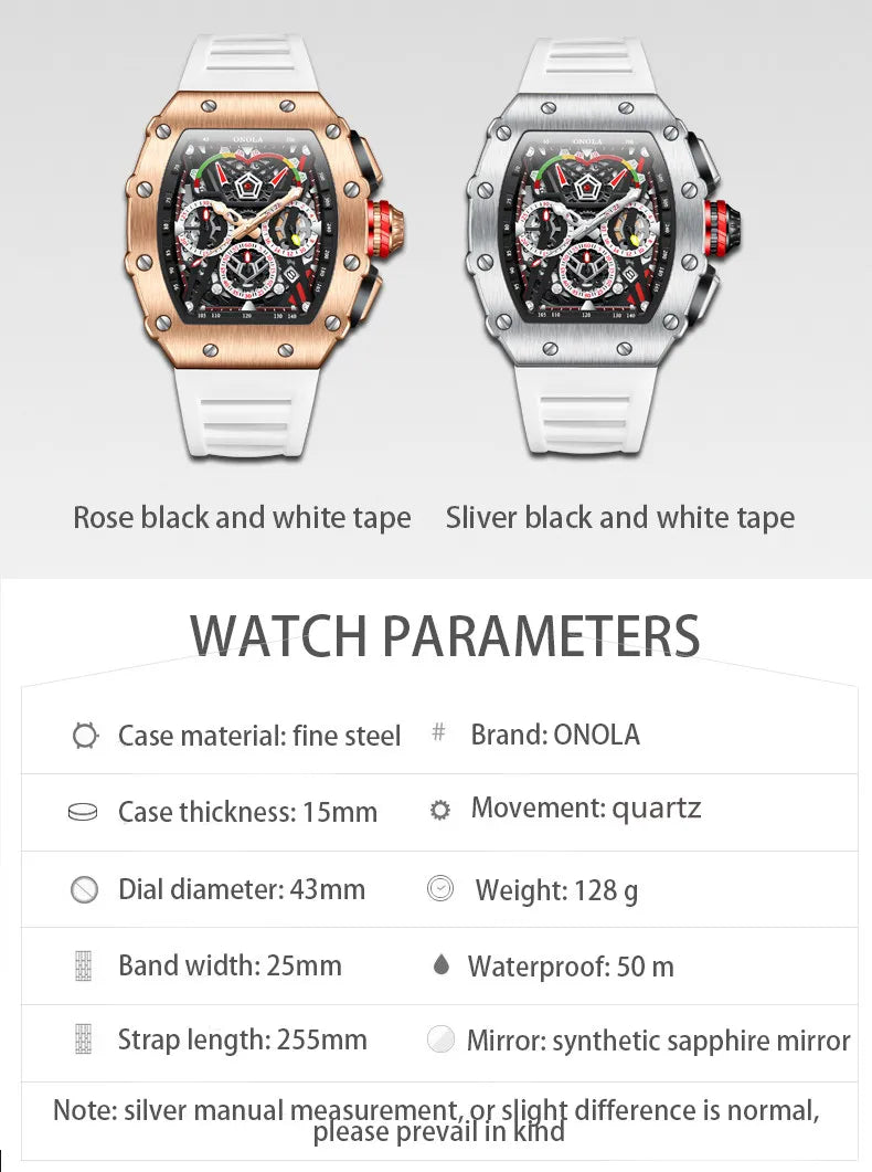 Fashion Watch For Mens Top Brand ONOLA Sports Silicone Strap Quartz Watches Auto Date Luxury Tonneau Clock Man Gift Dropshipping