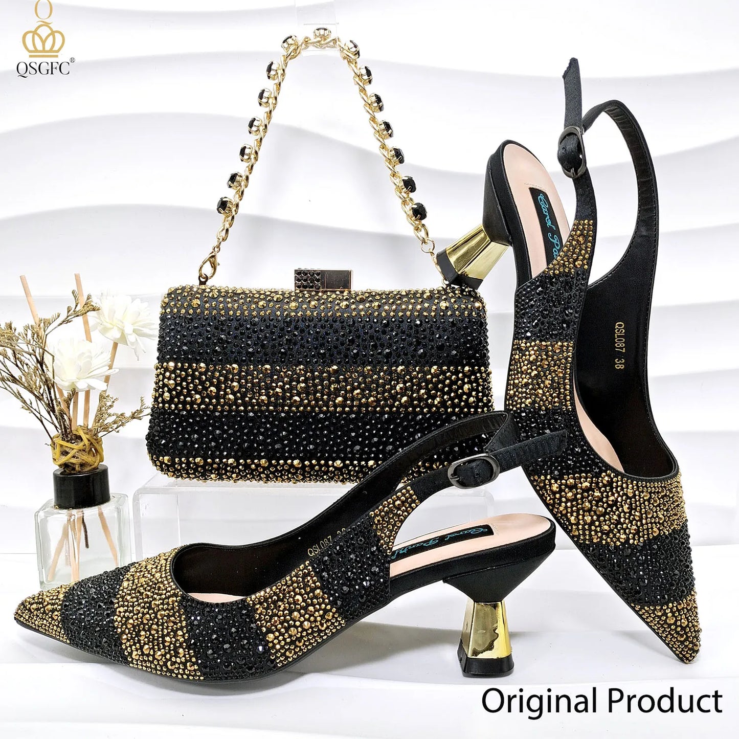 QSGFC INS 2024 Gold Color Elegant Women Heels Shoes and Bag Set Hollow Rhinestones High Heels Wedges Shoes Matching Bag