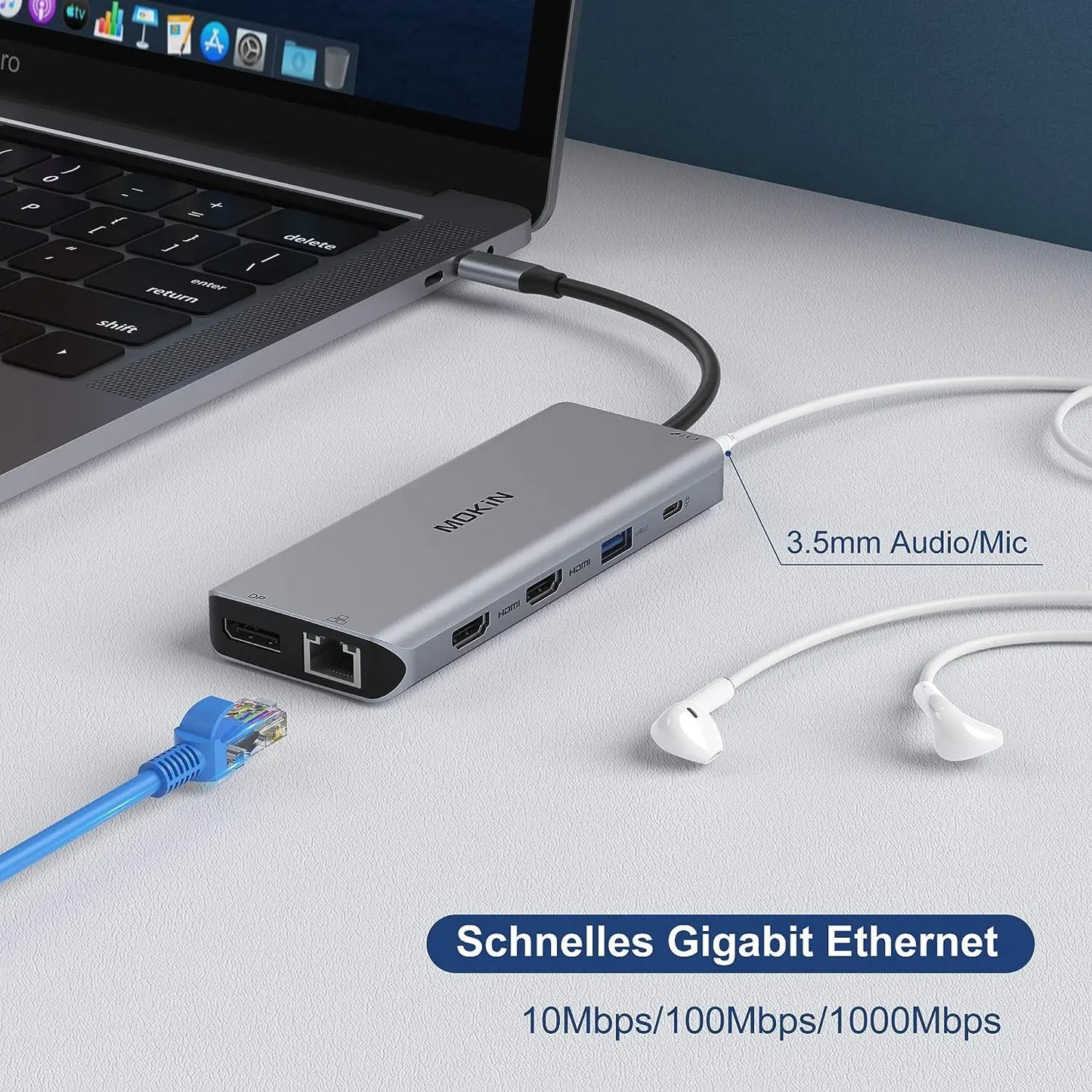 MOKiN USB Type C HUB Docking Station Dual HDMI DP Gigabit Etherne PD100W Adapter for MacBook Air Pro M2 M1 hub 3 USB 3.0 5Gbps