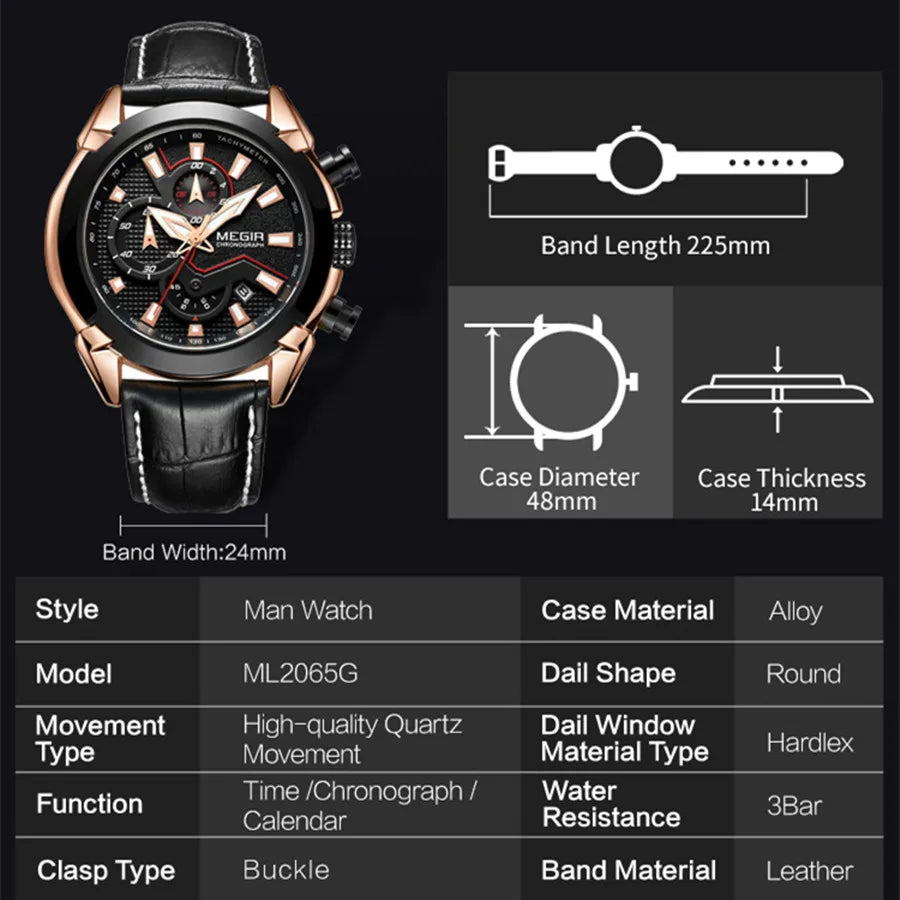 MEGIR Military Sport Watch for Men Top Brand Luxury Watches Leather Strap Quartz Wristwatch Man Clock Chronograph Reloj Hombre