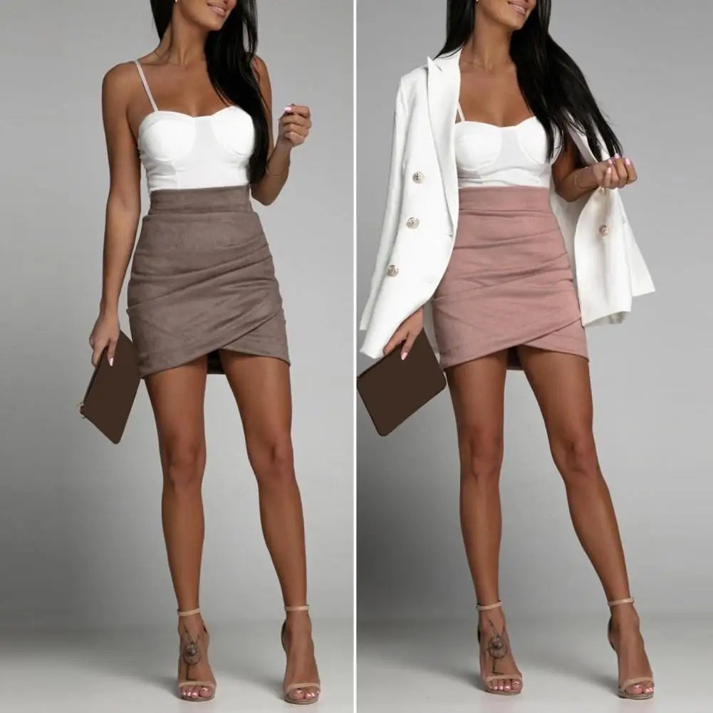 Chic Mini Skirt Colorfast Bodycon Skirt Zipper Closure Office Lady Sexy Pleated Suede Pencil Short Skirt Versatile