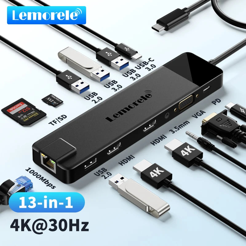 Lemorele 4K USB Hub USB C to Dual HDMI VGA Gigabit Docking Station USB 3.0 VGA Adapter SD Card Readers for Windows MacBook Air