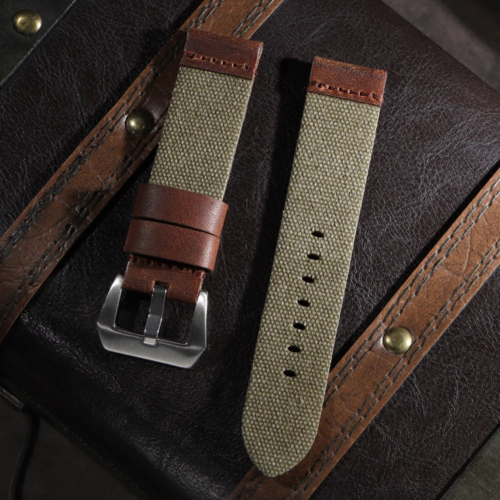 Handmade Canvas Leather Watch Strap 20mm 22mm 24mm for Panerai for Omega Army Green Men Women Watch Bracelet Military Watchband
