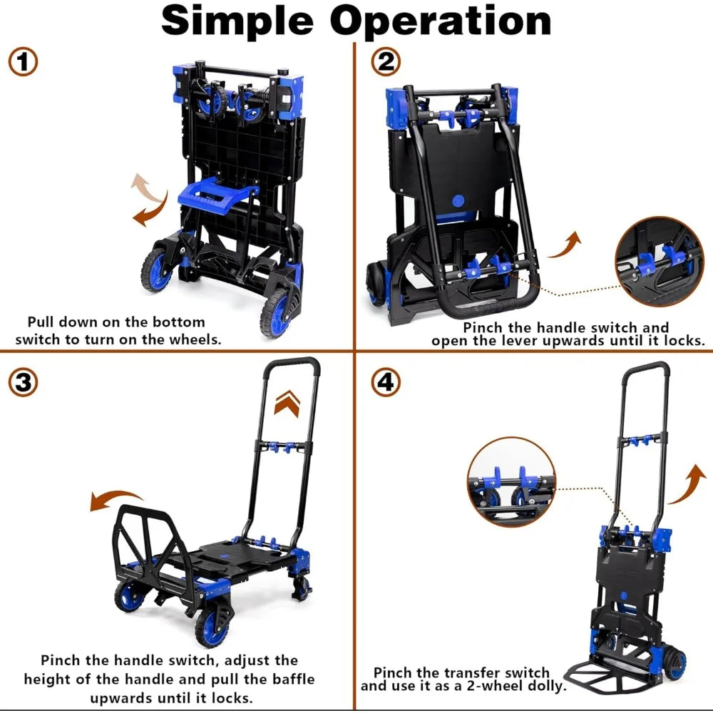 2 in 1 Hand Truck Foldable with Basket,Hand Truck Foldable with Retractable Handle,330LBS Capacity, Portable Dolly Hand Truck