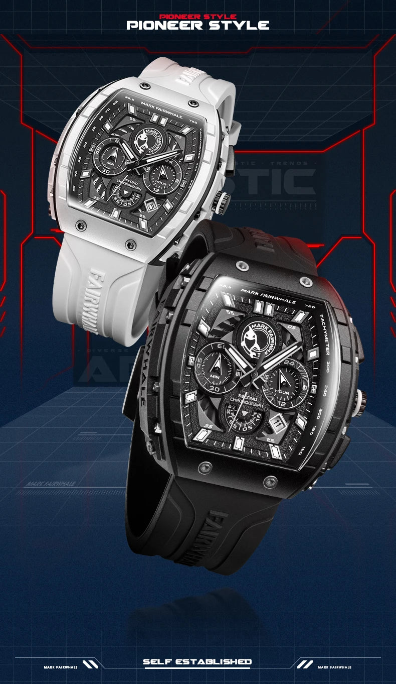 Luxury Watch Mens Fashion Brand Mark Fairwhale Sports Silicone Strap Clock Tonneau Chronograph Quartz Wristwatch Boy Dropshiping