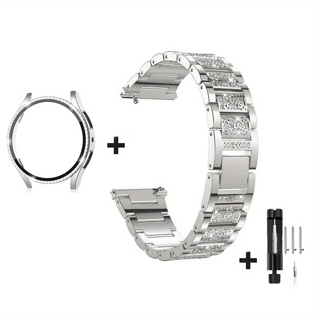 Rhinestone Watch Strap+PC Case For Samsung Galaxy Watch 7 FE 6 5 4 (44mm/40mm) Tempered Glass Protective Case Cover Metal Band
