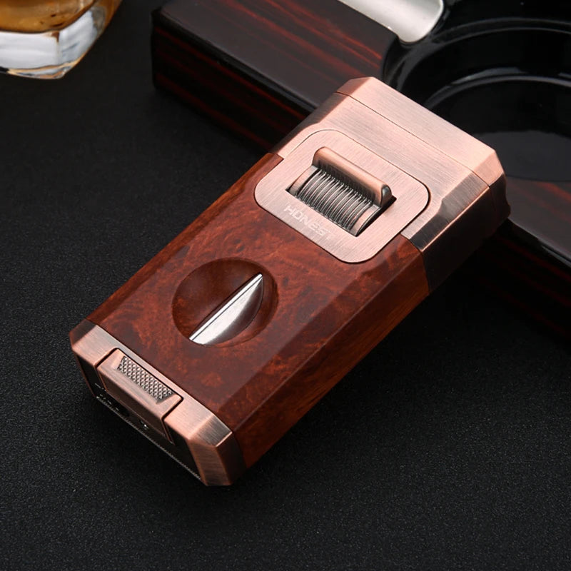 Honest Creative Double Blue Flame Lighter Adjustable Flame Bottom V-shaped cigar cutter Visual Gas Tank Ignition Man Gadgets
