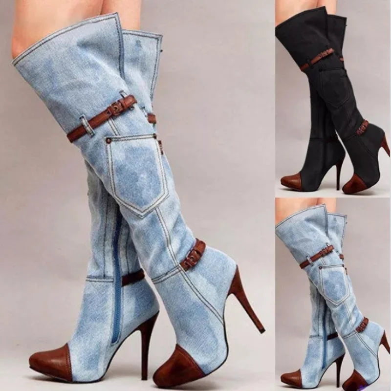 Botas Over The Knee Women Boots Autumn Winter Denim High Heels Ladies Shoes Sexy Buckle Strap Platform Long Boot Thigh High Boot