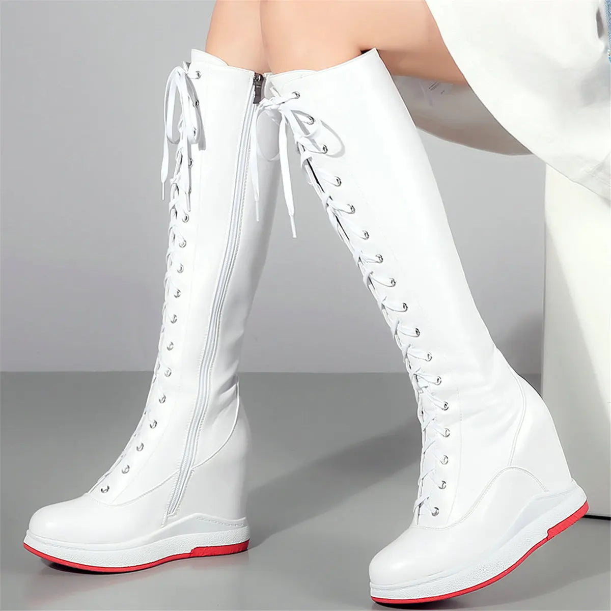 Winter Shoe Plus Size Shoes Women Genuine Leather Wedges High Heel Knee High Boots Female Round Toe Platform Pumps Big Size Shoe