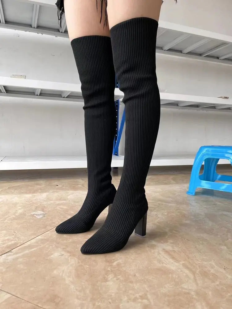 Women High Boots Autumn Winter Over-the-knee Boots High Quality Stretch Socks Boots Party Sexy 9cm Heel Women Shoes Botas Mujer
