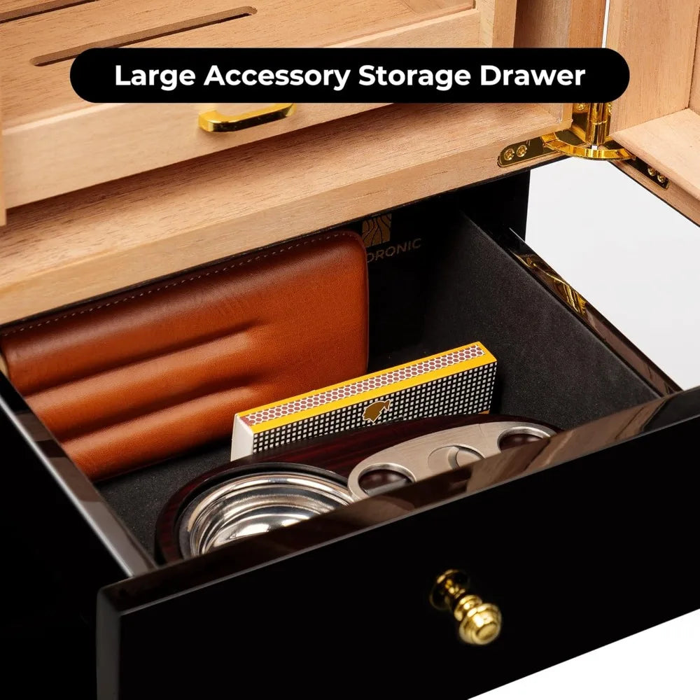 Lighted Cigar Cabinet Humidor for 250 Cigars with Accessory Drawer, Crystal Humidifiers,Spanish Cedar Lining, Gift for Fathers