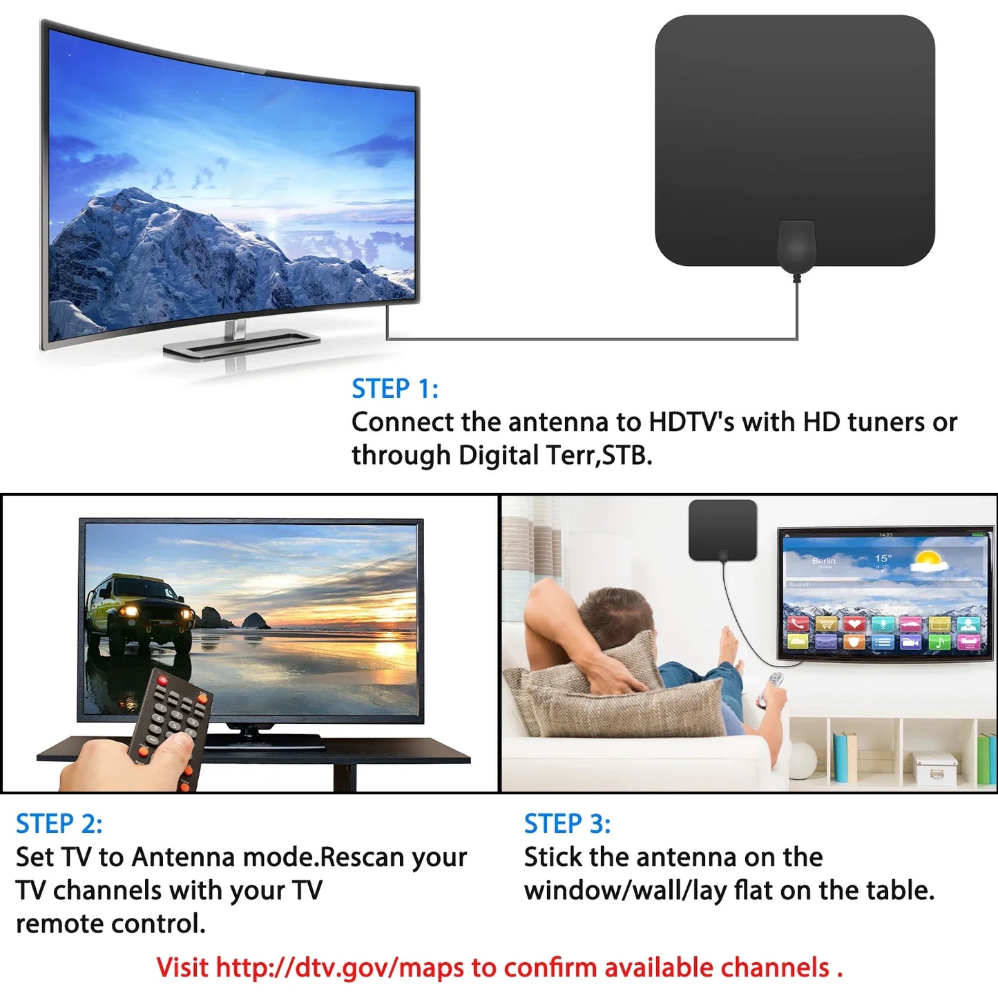 4K Flat Indoor TV Antenna HD Digital Indoor Aerial Amplifier HDTV Antenna 3600 Miles High Booster Signal Capture For TV Universa