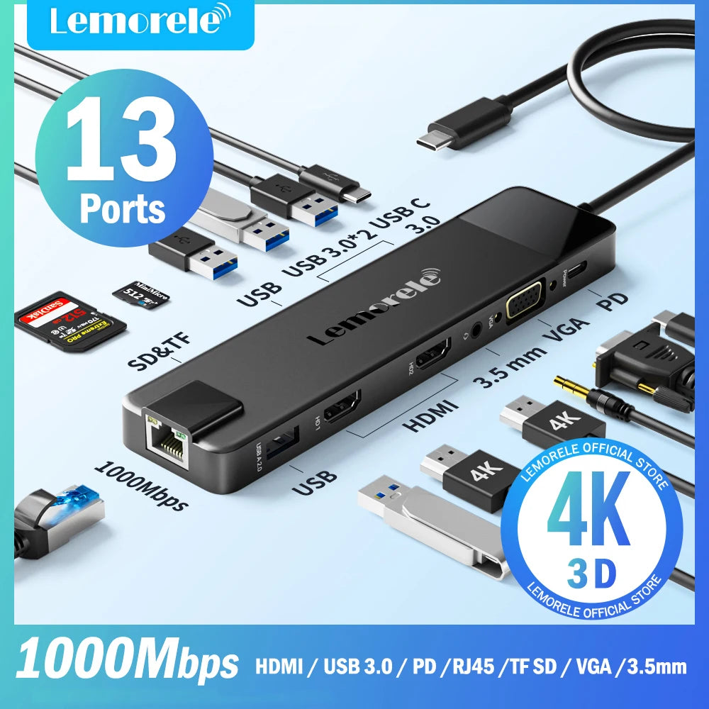 Lemorele USB-C Hub 13-in-1 Gigabit Docking Station VGA USB Type C Hub 4K30Hz HDMI-compatible USB 3.0 Adapter RJ45 PD100W