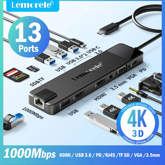 Lemorele USB-C Hub 13-in-1 Gigabit Docking Station VGA USB Type C Hub 4K30Hz HDMI-compatible USB 3.0 Adapter RJ45 PD100W