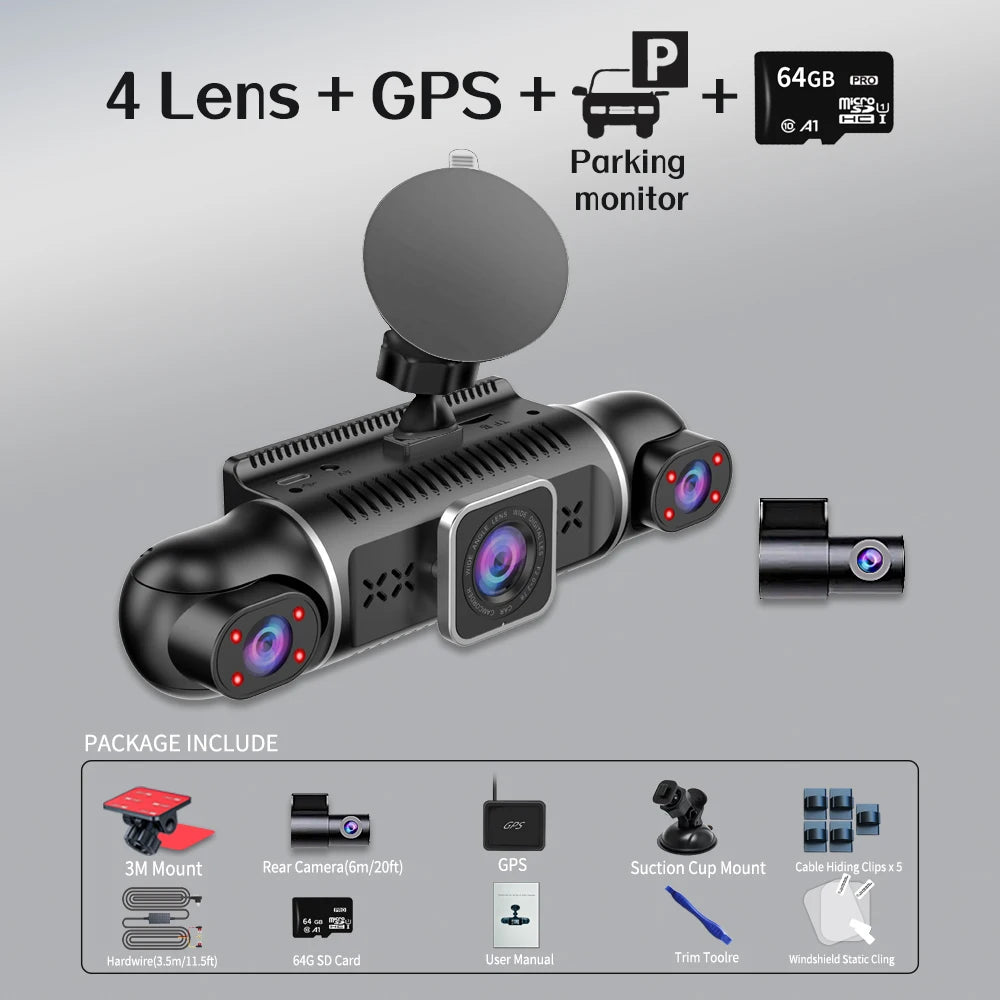 Car DVR Dash Cam WiFi GPS 24H Parking Monitoring Free 64G+Rear Camera 360-Degree Driving Recorder APP Control Installation Tool