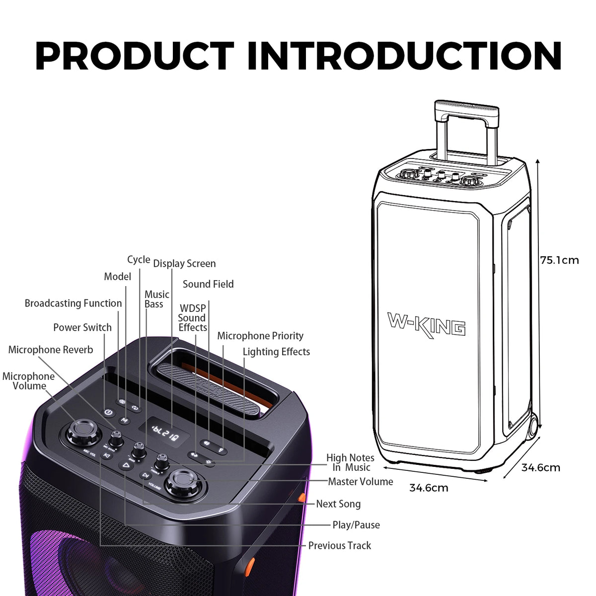 W-King T12 Portable Bluetooth Speaker Box with 370W Max Pro Sound,Light Show,Csb,Bass Boost, Wheels and Telescoping Handle