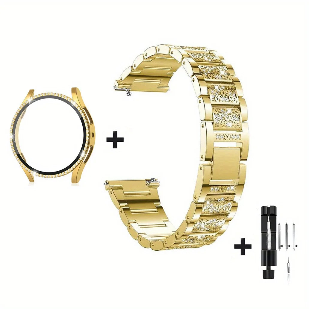 Rhinestone Watch Strap+PC Case For Samsung Galaxy Watch 7 FE 6 5 4 (44mm/40mm) Tempered Glass Protective Case Cover Metal Band