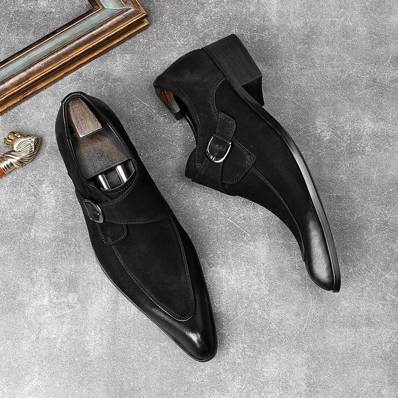 HKDQ Italian Slip On Men Dress Shoes Wedding Genuine Leather Men Oxford Shoes Monk Strap Black Grey Men Formal Loafers Men Suede