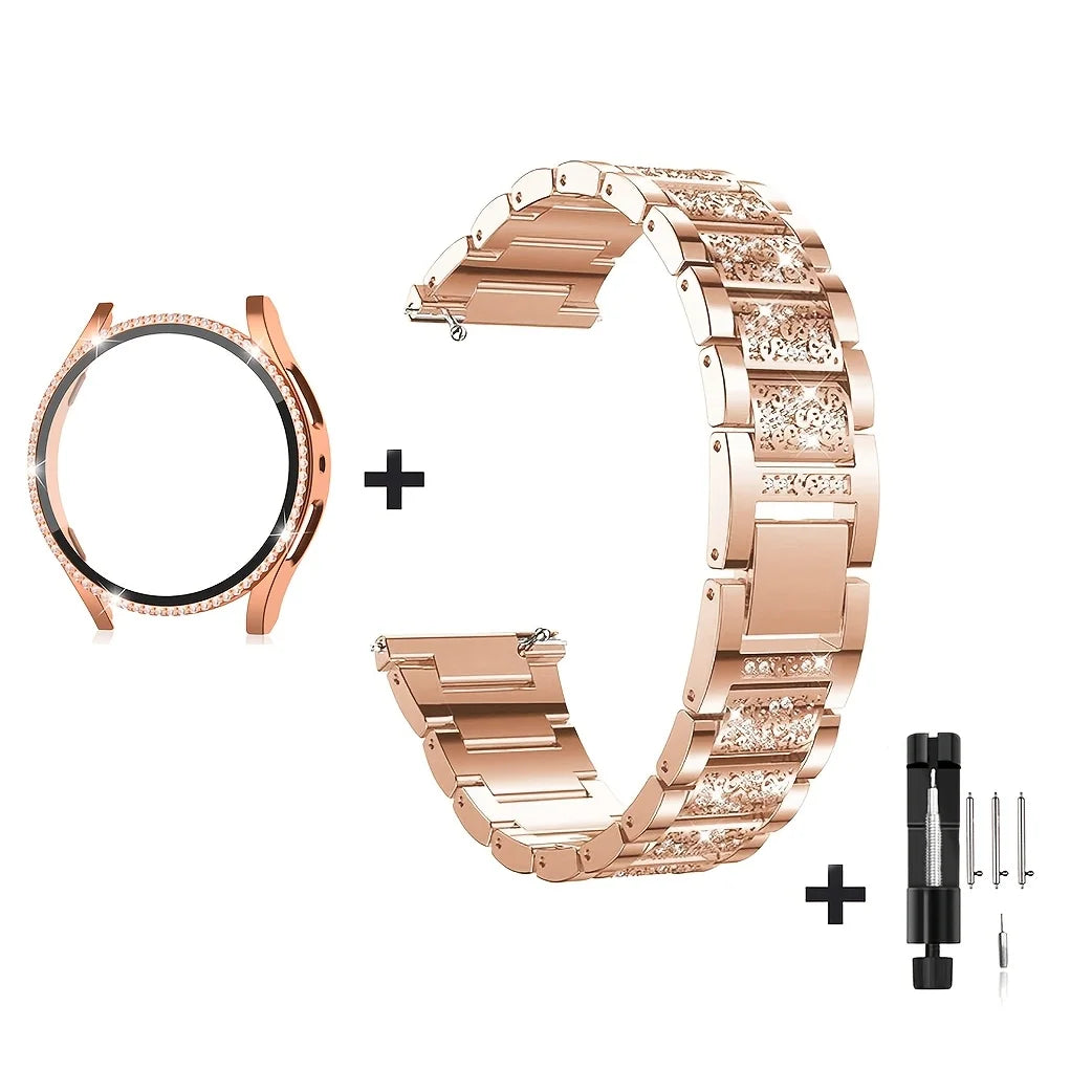 Rhinestone Watch Strap+PC Case For Samsung Galaxy Watch 7 FE 6 5 4 (44mm/40mm) Tempered Glass Protective Case Cover Metal Band