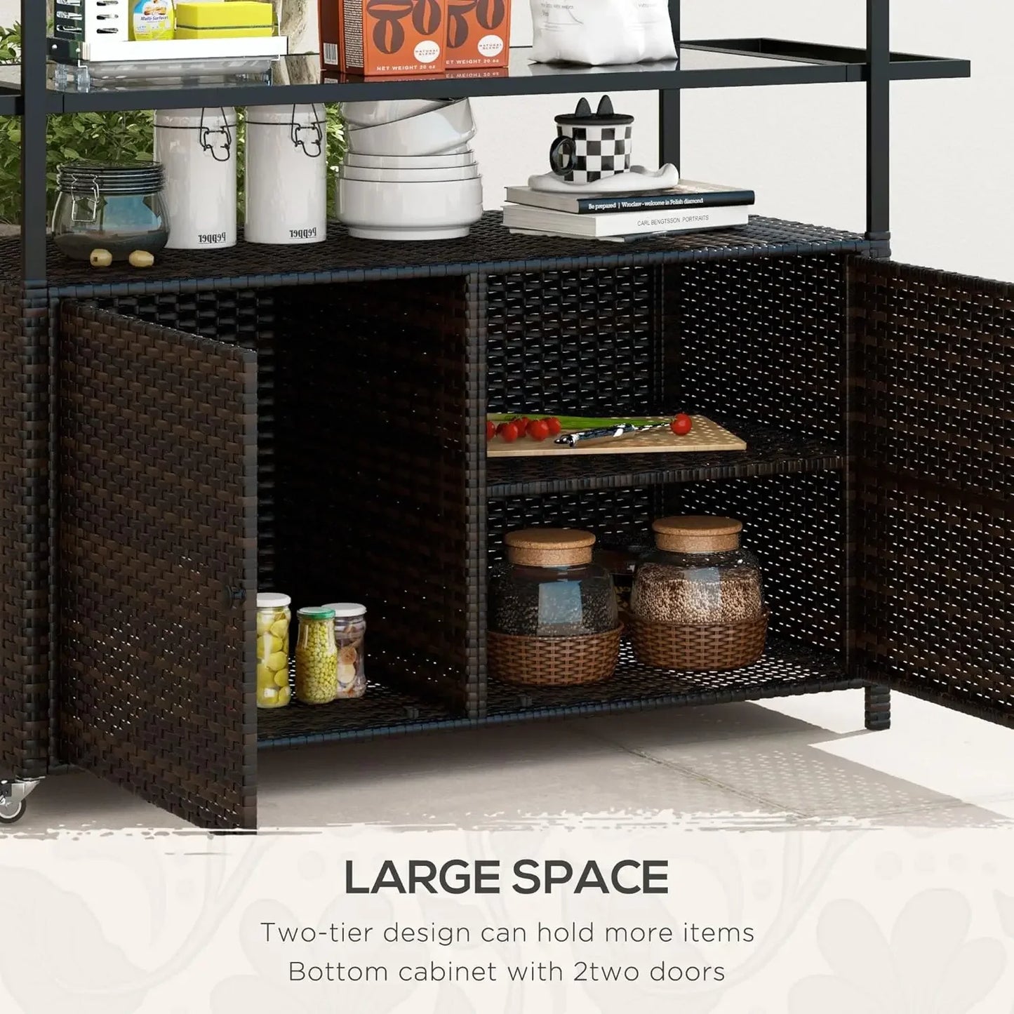 PE Rattan Outdoor Bar Table, Outdoor Kitchen Island w/2-Tier Shelf&Cabinet, Patio Serving Cart w/Glass Top, Handles, Towel Racks