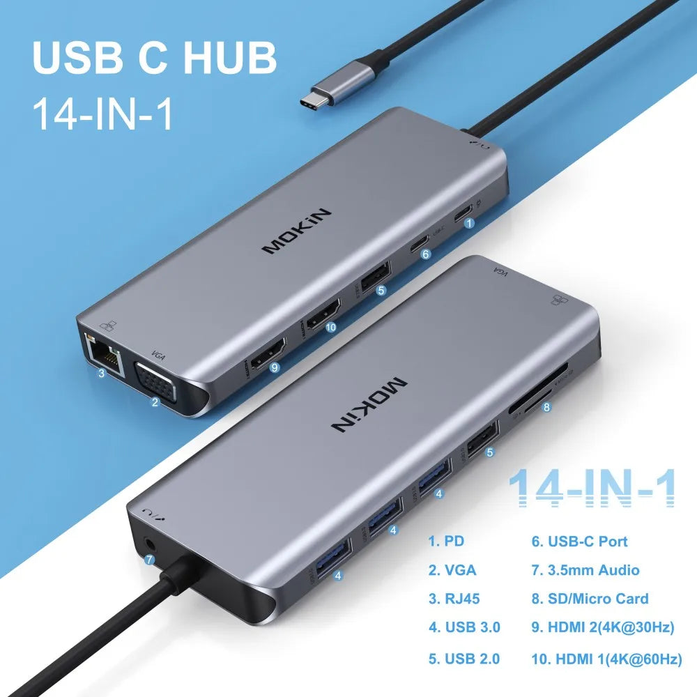 MOKiN 14 in 1 USB Hub PC Accessories Hub USB Type C For Macbook Windows Laptop With Dual 4K HDMI USB 3.1 RJ45 SD/TF Card PD 100W