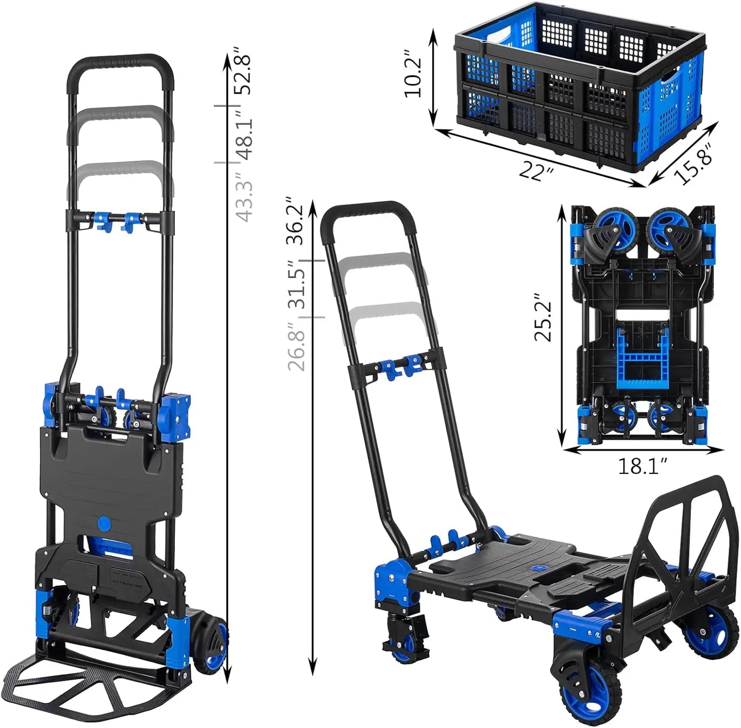 Hand Truck, Heavy Duty Hand Truck Dolly Cart, Convertible Dolly Cart 330lbs Capacity W/Foldable Basket, 2 in 1 Luggage T