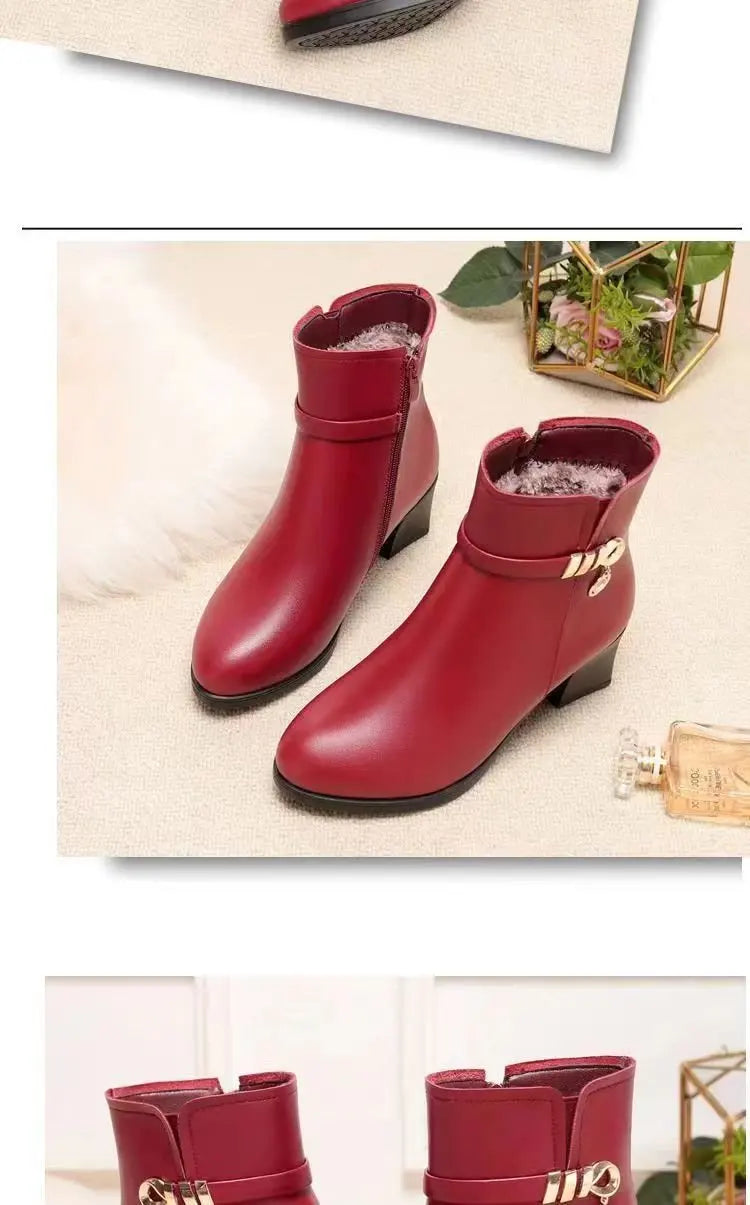 Soft Leather Ankle Boots for Women Spring Winter with Plush Warm Side Zipper Round Toe High Heel Lady Boots Casual Mom Shoes