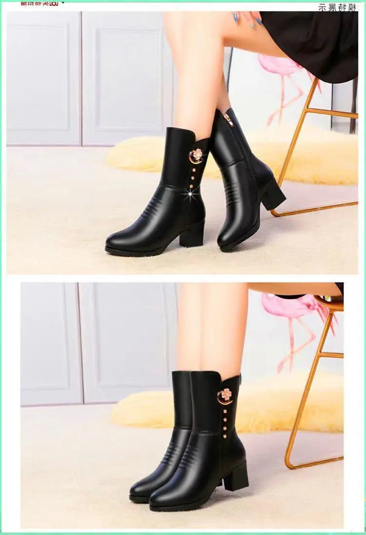 Soft Leather Ankle Boots for Women Spring Winter with Plush Warm Side Zipper Round Toe High Heel Lady Boots Casual Mom Shoes