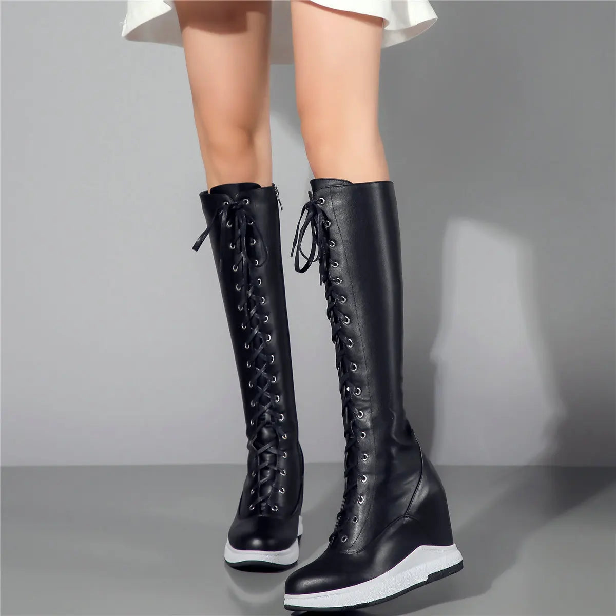 Winter Shoe Plus Size Shoes Women Genuine Leather Wedges High Heel Knee High Boots Female Round Toe Platform Pumps Big Size Shoe