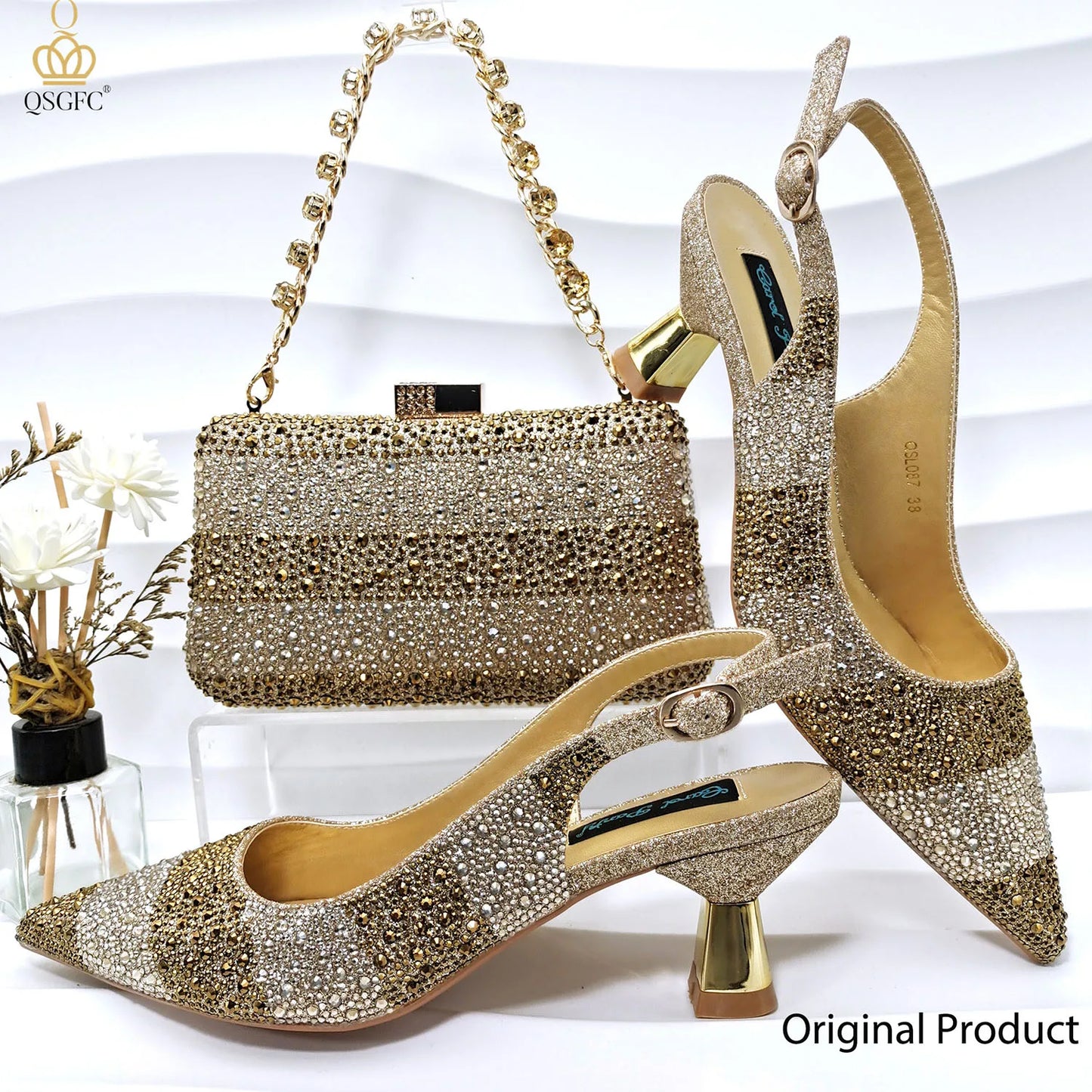 QSGFC INS 2024 Gold Color Elegant Women Heels Shoes and Bag Set Hollow Rhinestones High Heels Wedges Shoes Matching Bag