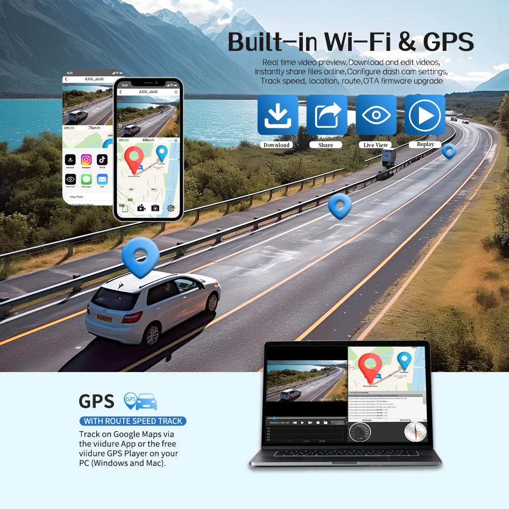 Car DVR Dash Cam WiFi GPS 24H Parking Monitoring Free 64G+Rear Camera 360-Degree Driving Recorder APP Control Installation Tool