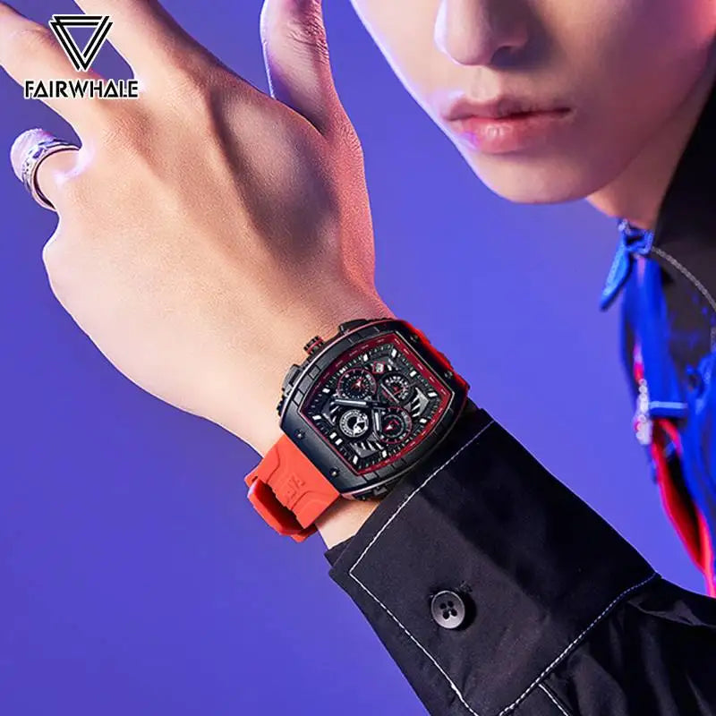 Luxury Watch Mens Fashion Brand Mark Fairwhale Sports Silicone Strap Clock Tonneau Chronograph Quartz Wristwatch Boy Dropshiping