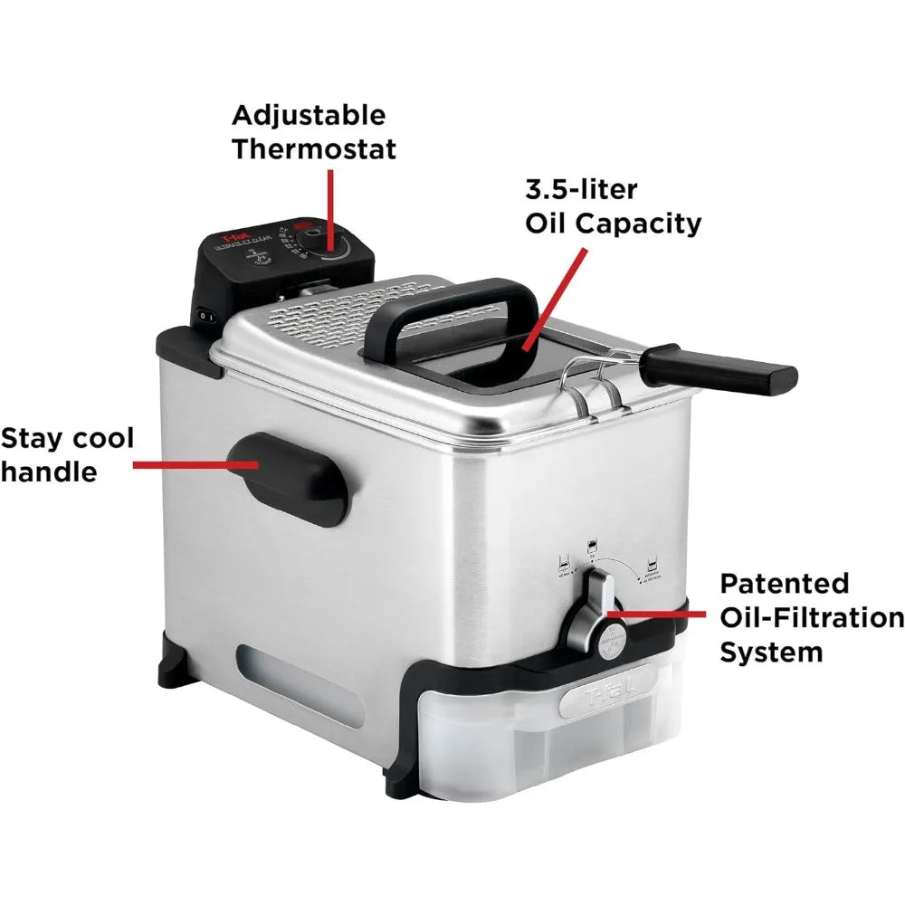 T-fal 3.5L Stainless Steel Deep Fryer with Basket, 1700W, Oil Filtration, Temp Control, Digital Timer, Dishwasher Safe Parts