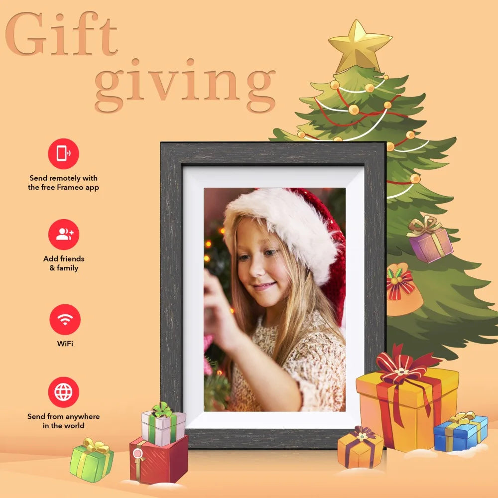 Digital Photo Frame, Wi-Fi Smart Digital Picture Frame with HD IPS Touch Screen, Auto-Rotate, Send Pictures (Wood Effect)