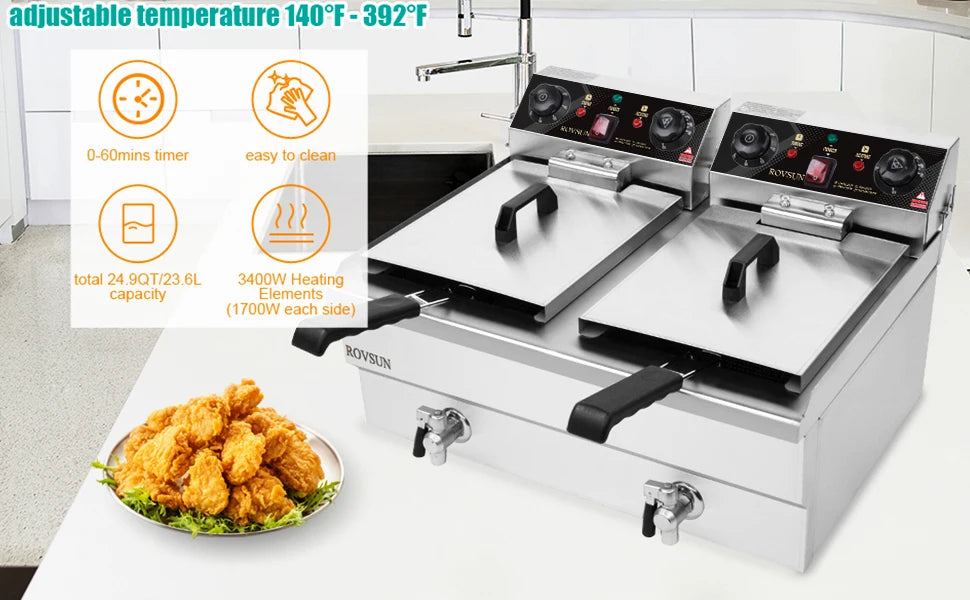 24.9QT Electric Deep Fryer w/Frying Baskets Timer Drains & Lids, 3400W Dual Tank Kitchen Countertop Commercial Deep Fryer